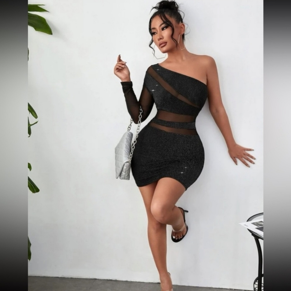 Black Glitter Contrast Mesh One Shoulder Dress L